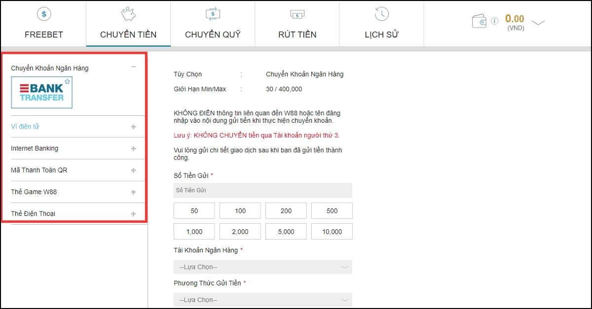 Các phương thức nạp tiền W88