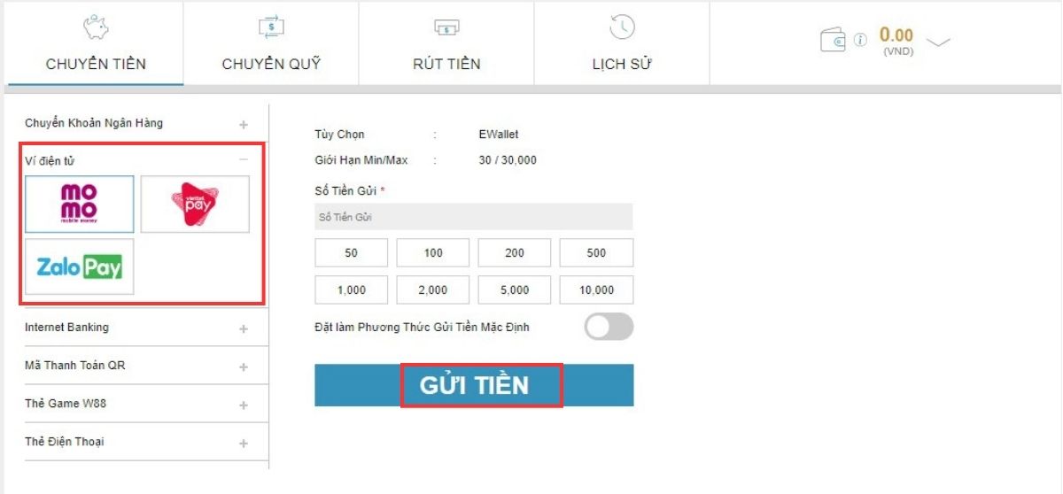 Nạp tiền w88 qua ví điện tử