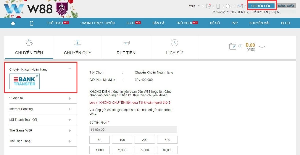 Chọn hình thức nạp tiền W88 qua chuyển khoản ngân hàng