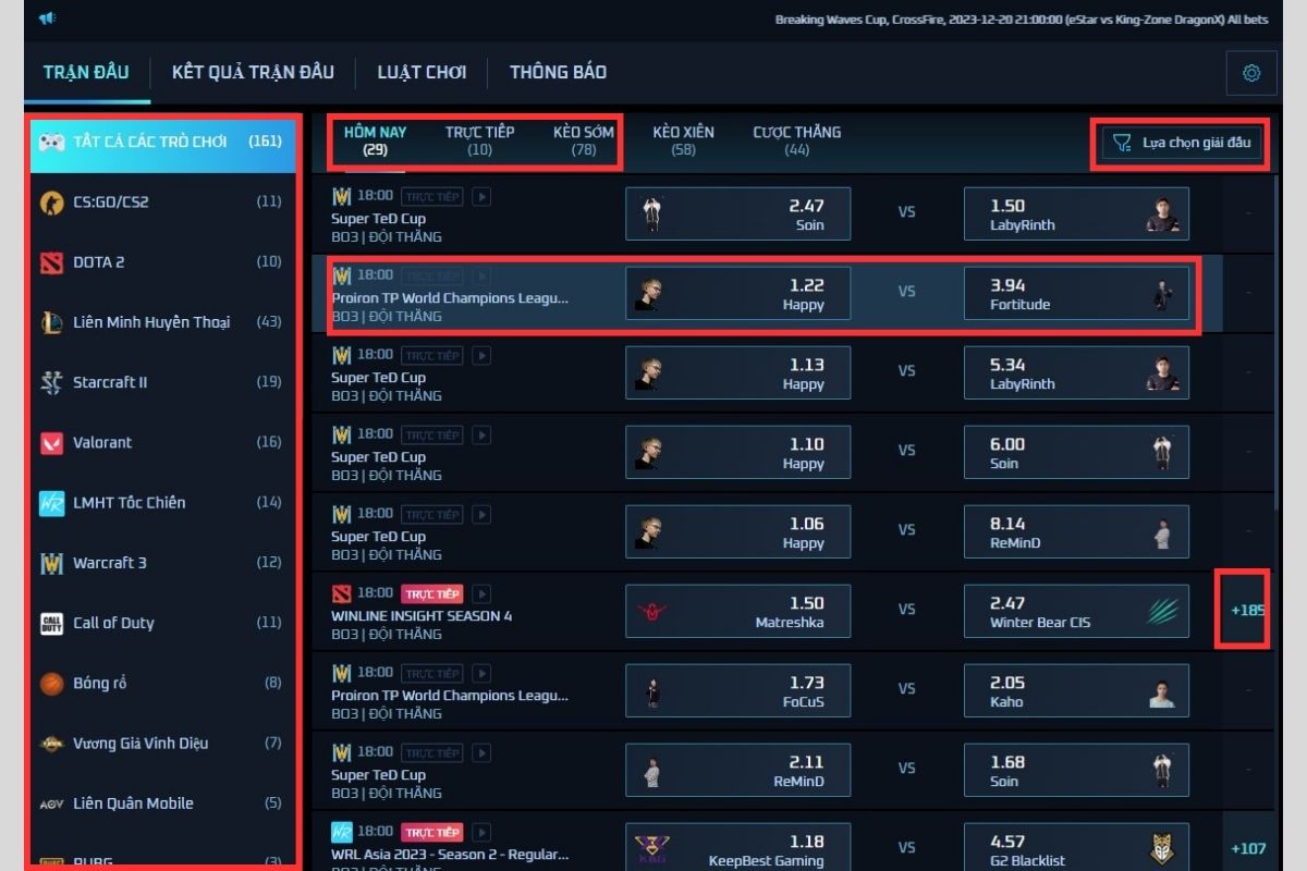 Chọn sảnh trò chơi Esport JBO và tham khảo trận đấu