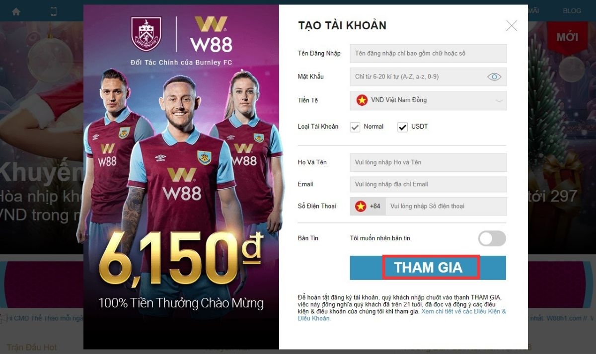 Điền thông tin đăng ký W88