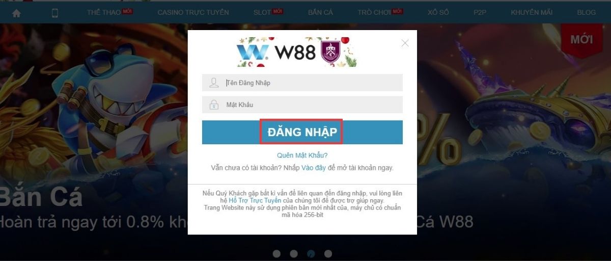 Điền thông tin đăng nhập W88