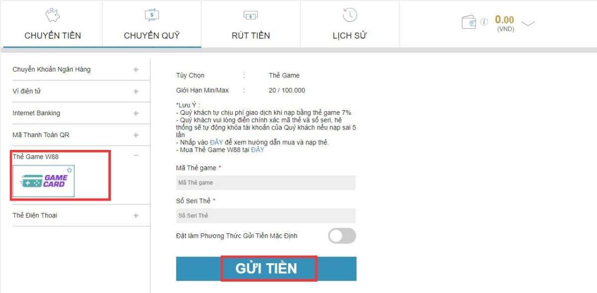 Nạp tiền W88 qua thẻ game