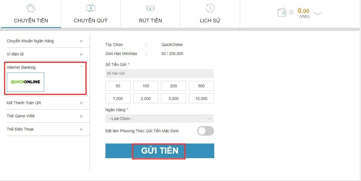 Nạp tiền W88 qua internet banking