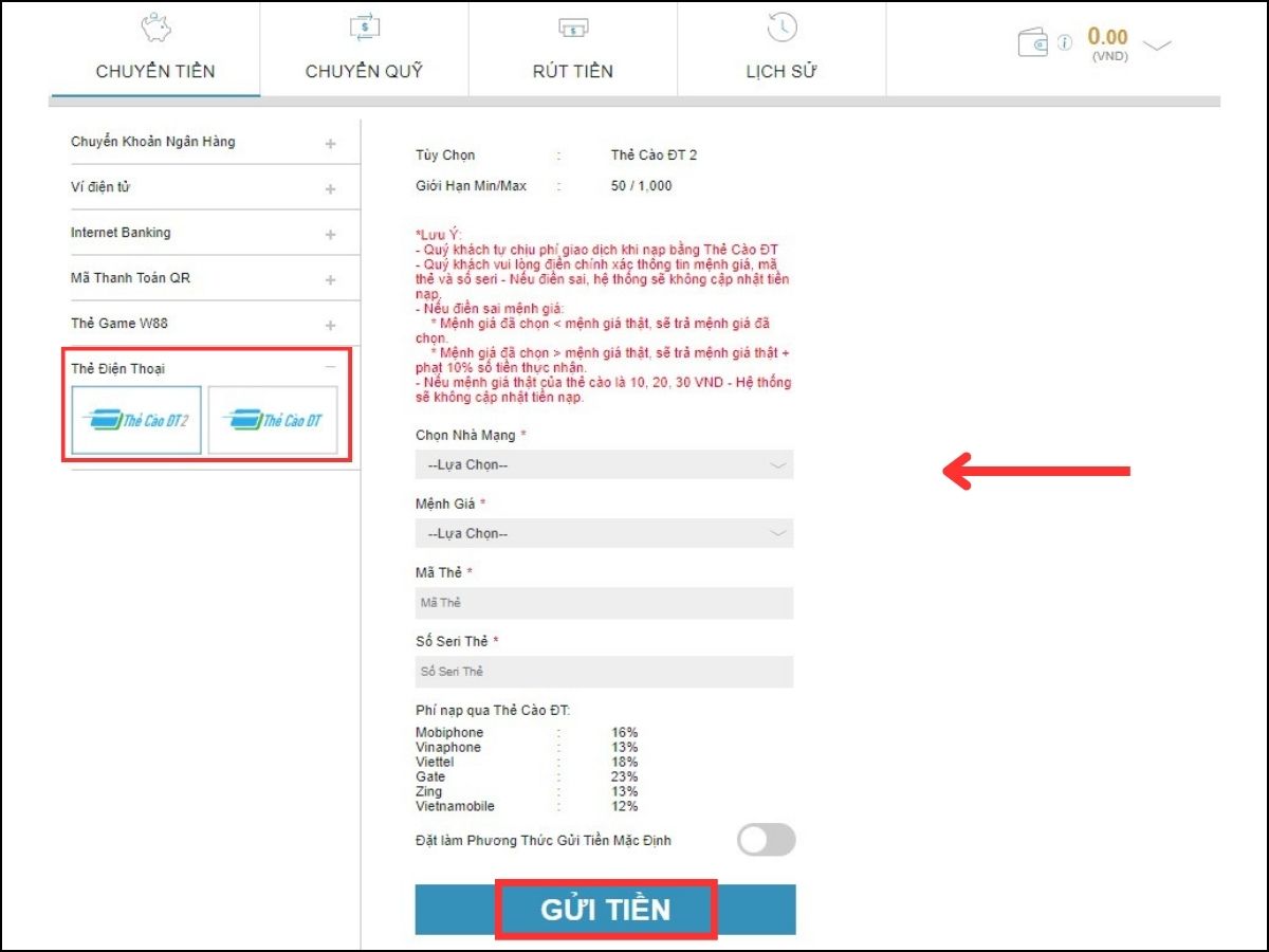 Nạp tiền W88 qua thẻ cào điện thoại