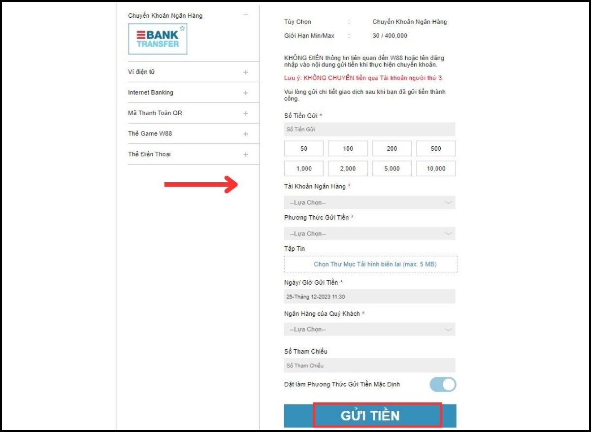 Thực hiện lệnh nạp tiền W88 qua ngân hàng